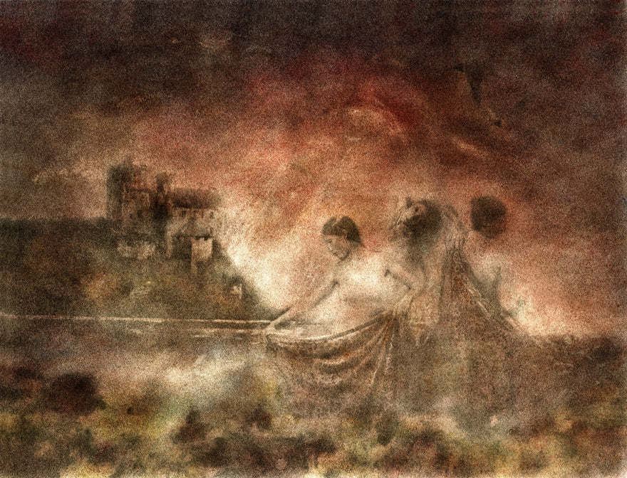 The Bathers by Frantisek Strouhal: draped figures at the water's edge below a ruined castle in dark red haze, the whole oil print