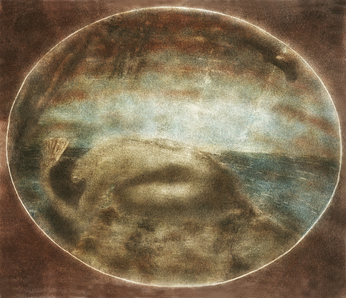 Rebirth by Frantisek Strouhal: a rounded form on a shore before a teal sea, oval vignette, the whole oil print