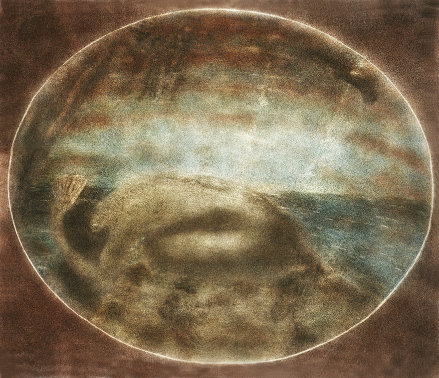 Rebirth by Frantisek Strouhal: a rounded form on a shore before a teal sea, oval vignette, the whole oil print