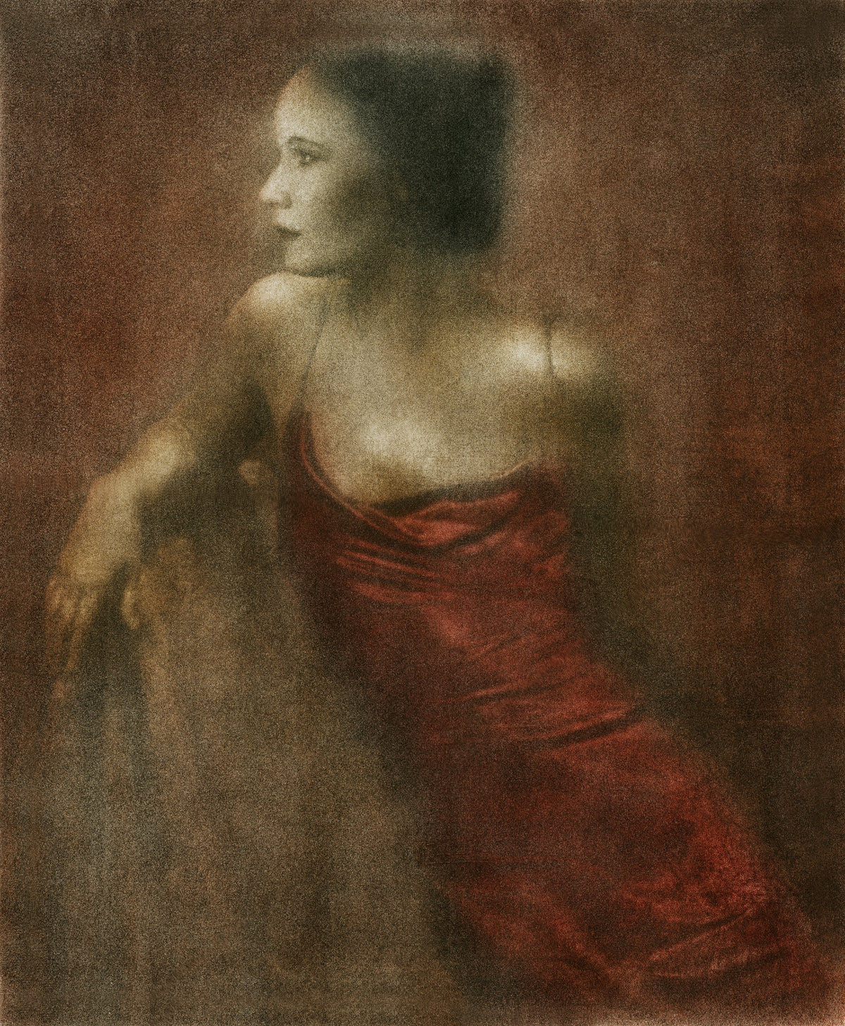 Graceful Pause by Frantisek Strouhal: a woman in a red satin dress seated, looking aside, warm brown ground, the whole oil print