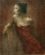 Graceful Pause by Frantisek Strouhal: a woman in a red satin dress seated, looking aside, warm brown ground, the whole oil print