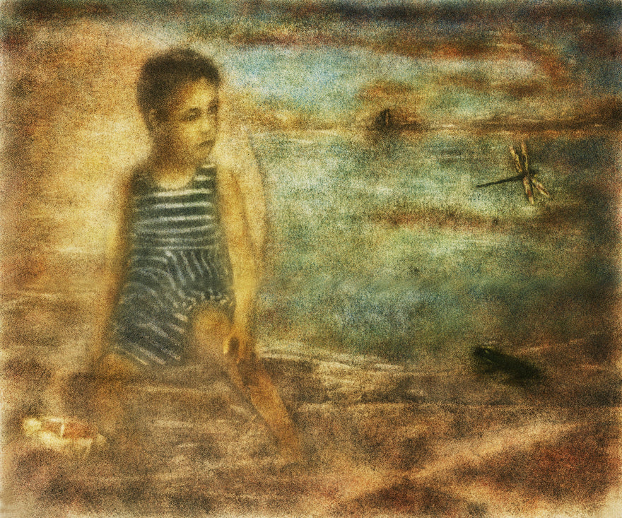 Angelic Daydream by Frantisek Strouhal: boy in a striped swimsuit at the water's edge, dragonfly at right, the whole oil print