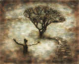 The Tree of Life by Frantisek Strouhal: figure with arms raised before a lone spreading tree, misty brown tones, the whole oil print