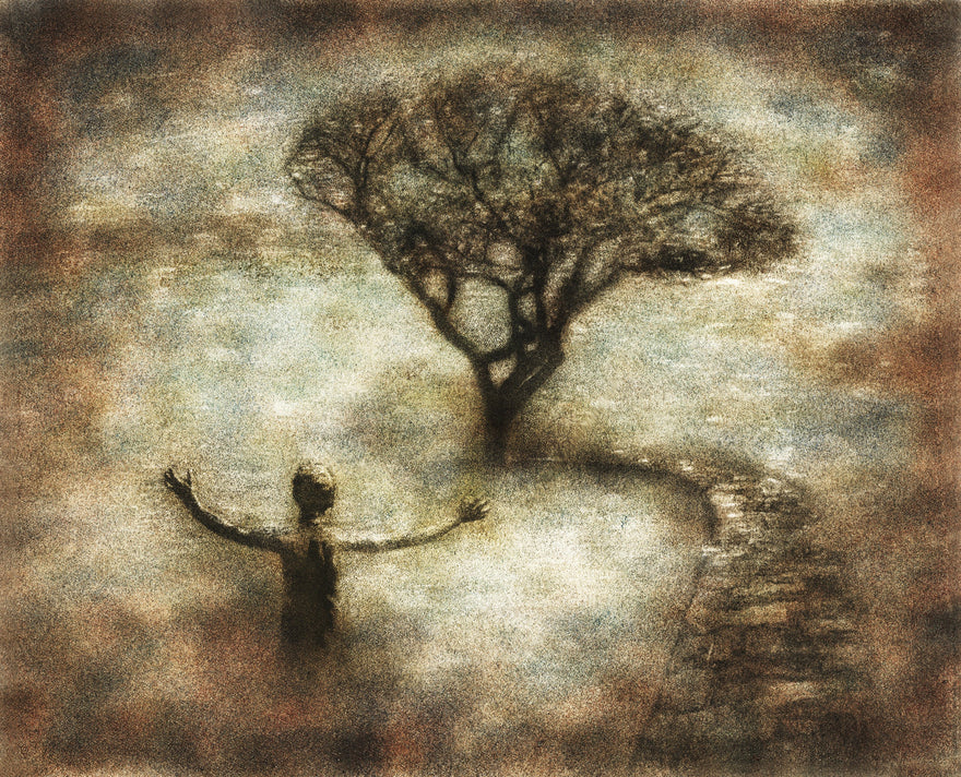The Tree of Life by Frantisek Strouhal: figure with arms raised before a lone spreading tree, misty brown tones, the whole oil print