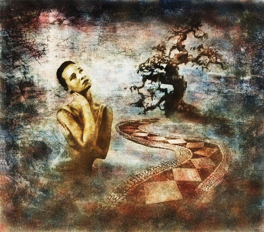 A Tale has been Born by Frantisek Strouhal: a figure beside a checkered path and bare tree, blue and red, the whole oil print