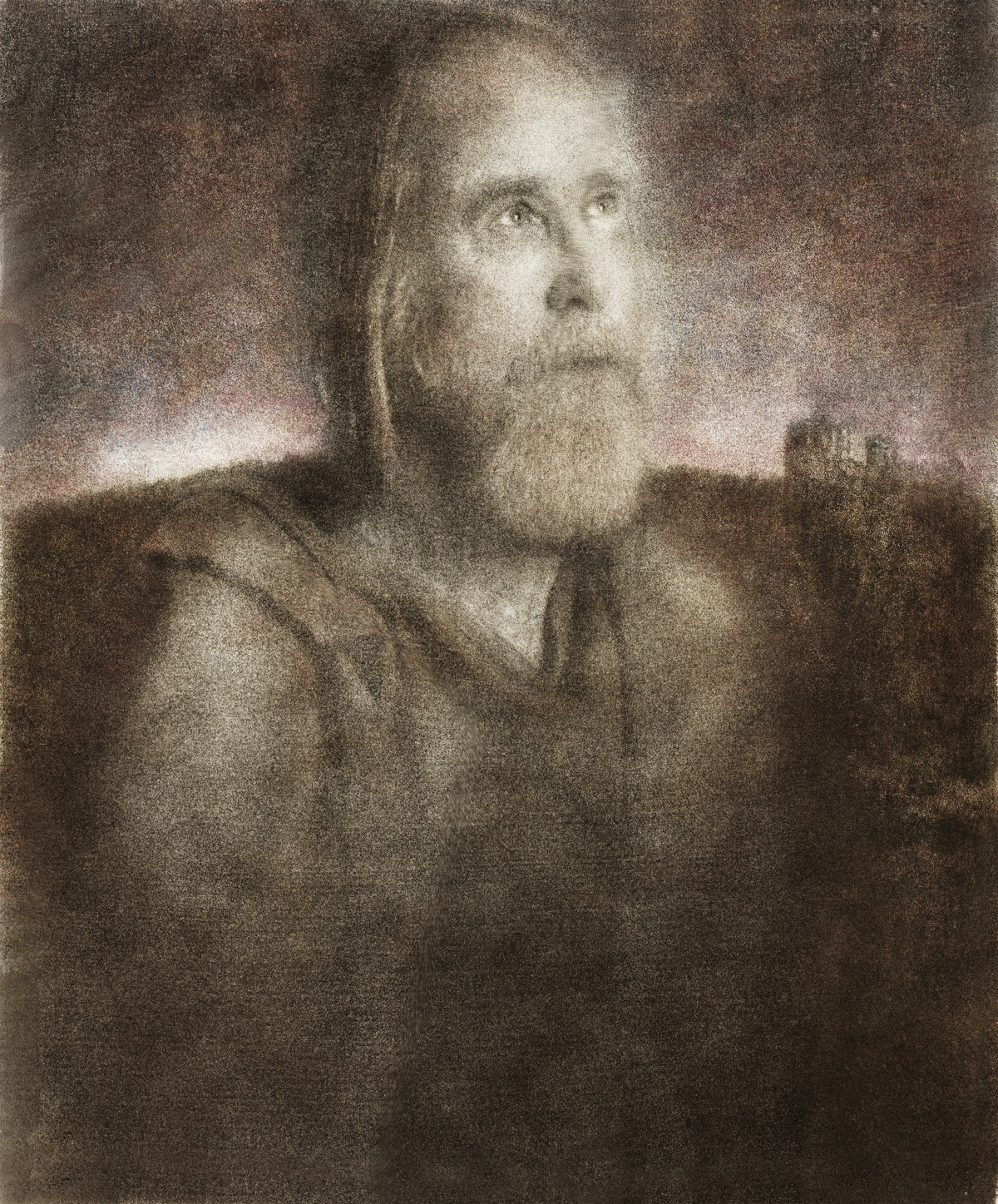 Celestial Sound by Frantisek Strouhal: a bearded man looking upward in dark olive and brown light, the whole oil print