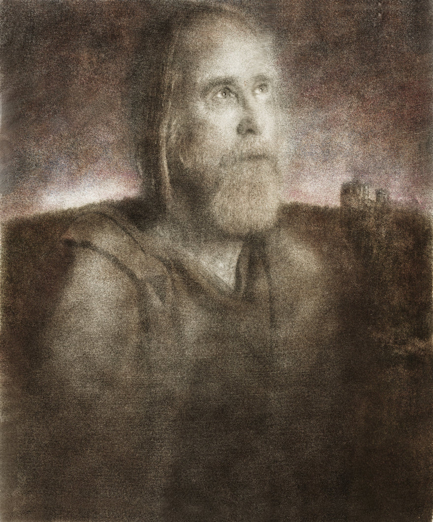 Celestial Sound by Frantisek Strouhal: a bearded man looking upward in dark olive and brown light, the whole oil print