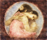 The Flaming Revelation by Frantisek Strouhal: two figures embracing inside a blue circle on deep red-brown, the whole oil print