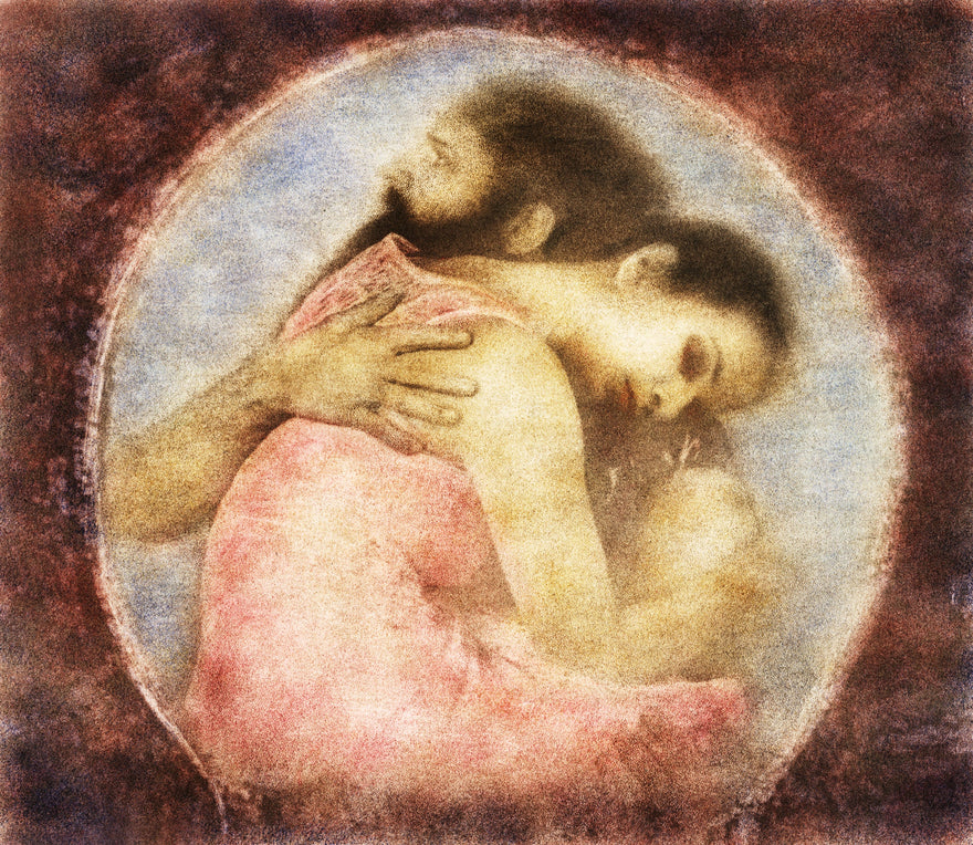 The Flaming Revelation by Frantisek Strouhal: two figures embracing inside a blue circle on deep red-brown, the whole oil print