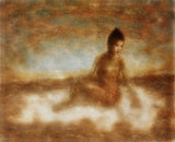 Transcendence by Frantisek Strouhal: seated woman in ochre haze above pale white mist, brown and blue sky, the whole oil print