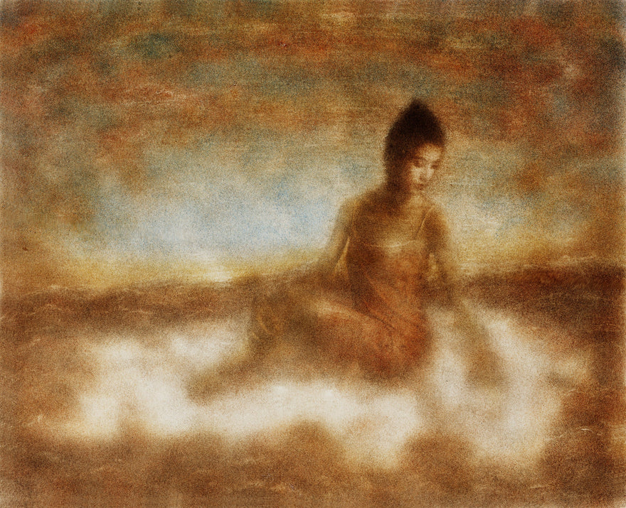 Transcendence by Frantisek Strouhal: seated woman in ochre haze above pale white mist, brown and blue sky, the whole oil print