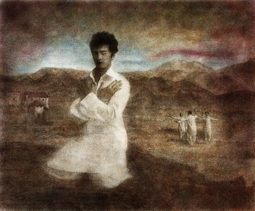 My Freedom by Frantisek Strouhal: a man in a white shirt with arms crossed, brown hills and small figures behind, the whole oil print