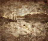 Immersed in the Twilight by Frantisek Strouhal: masted sailing ship on calm water below dark hills, sepia tones, the whole oil print
