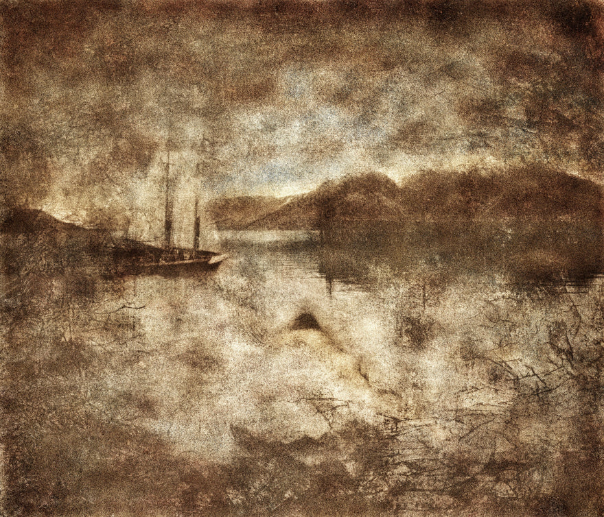 Immersed in the Twilight by Frantisek Strouhal: masted sailing ship on calm water below dark hills, sepia tones, the whole oil print