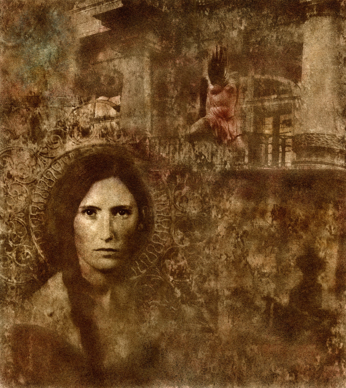 Release from Sorrow by Frantisek Strouhal: a woman's face above sepia columns and a figure with a raised arm, the whole oil print