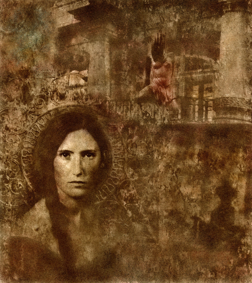 Release from Sorrow by Frantisek Strouhal: a woman's face above sepia columns and a figure with a raised arm, the whole oil print