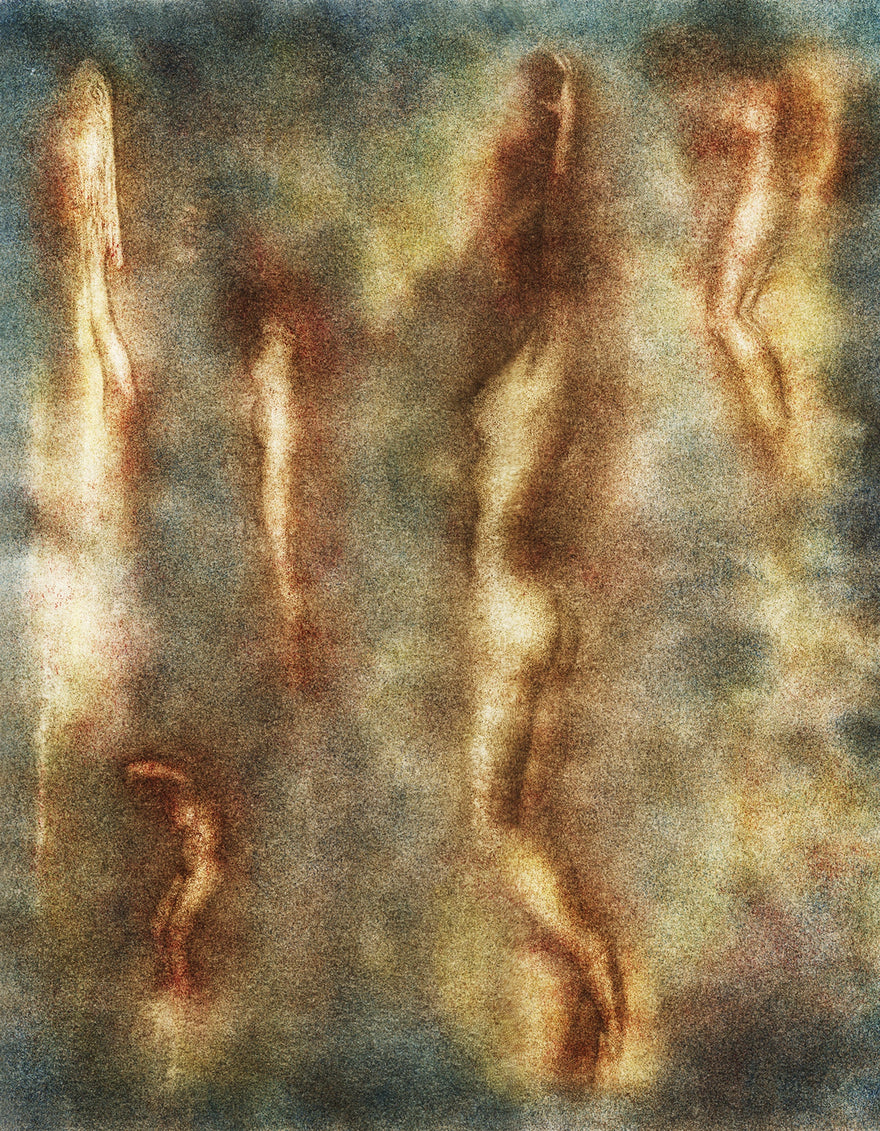 Ascension by Frantisek Strouhal: elongated nude figures floating upward on mottled blue green and ochre, the whole oil print