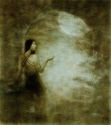 Midnight Request by Frantisek Strouhal: a dark-haired woman raises one hand toward a pale moon in a dark sky, the whole oil print
