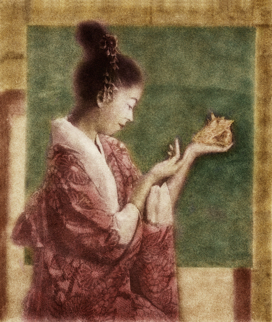 Abundance by Frantisek Strouhal: woman in a red patterned kimono holding a shell, green panel and ochre border, the whole oil print