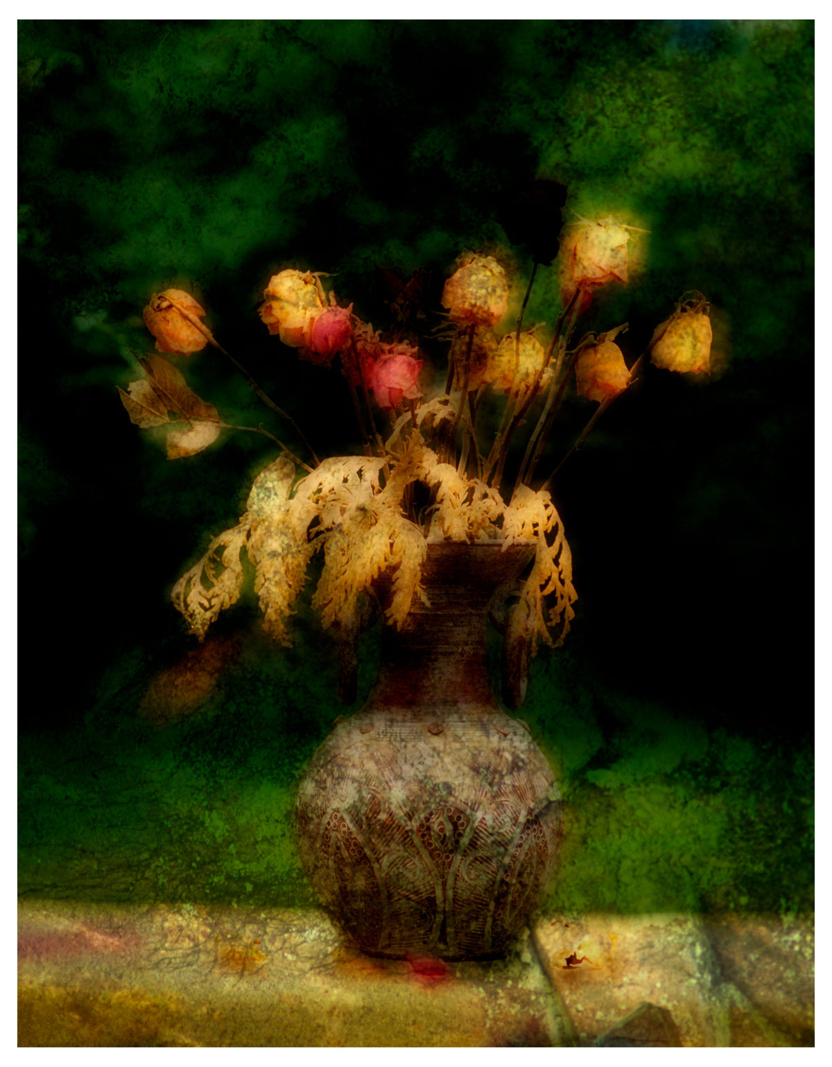 The Vase by Frantisek Strouhal: dried roses and pale ferns in a patterned clay vase against dark green, the whole impressionistic photograph