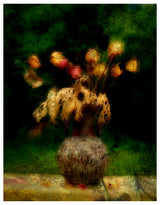 The Vase by Frantisek Strouhal: dried roses and pale ferns in a patterned clay vase against dark green, the whole impressionistic photograph