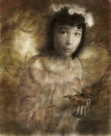 Hannah and the Butterfly by Frantisek Strouhal: a girl with dark bobbed hair holds a butterfly on her hand, the whole oil print