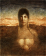 Encounter with the Unknown by Frantisek Strouhal: a woman with long gold earrings against an orange sunset, the whole oil print