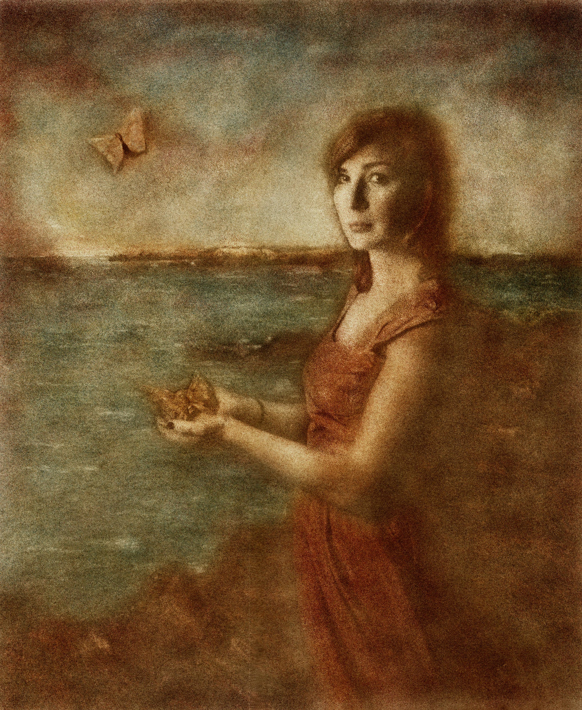 Living a Fairy Tale by Frantisek Strouhal: woman in a rust dress by the sea holding a butterfly, the whole oil print