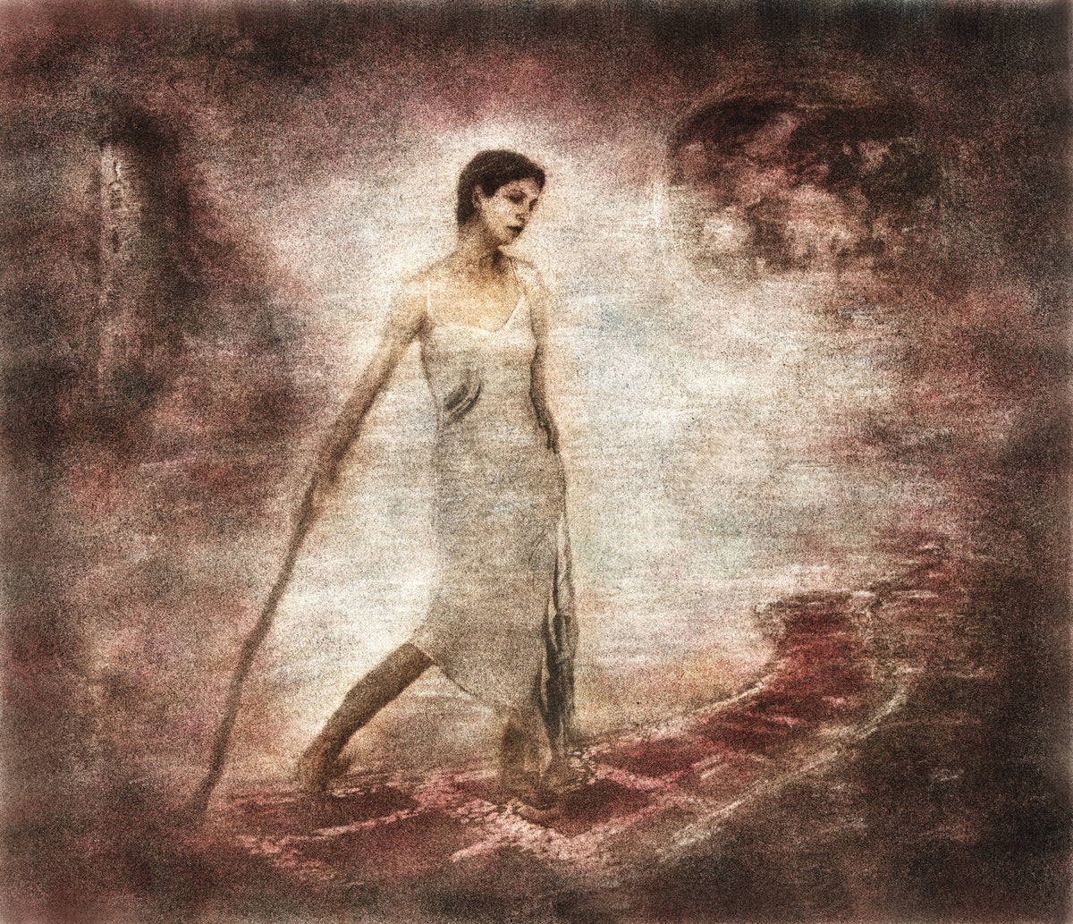 Soul Journey by Frantisek Strouhal: woman in a pale slip striding forward, misty light, deep red surround, the whole oil print