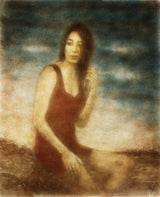 Envisioning the Past by Frantisek Strouhal: a woman in a red dress seated, hand at her hair, teal sky, the whole oil print