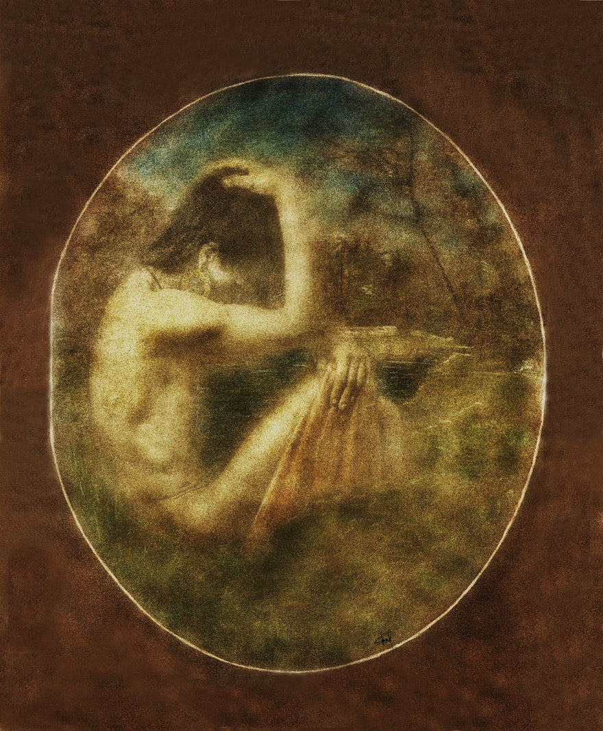 Time to Breathe by Frantisek Strouhal: a seated nude figure with head bowed in an oval vignette, the whole oil print