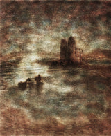 Bathing in the Light by Frantisek Strouhal: a ruined tower by water, small figures in a boat, rust tones, the whole oil print