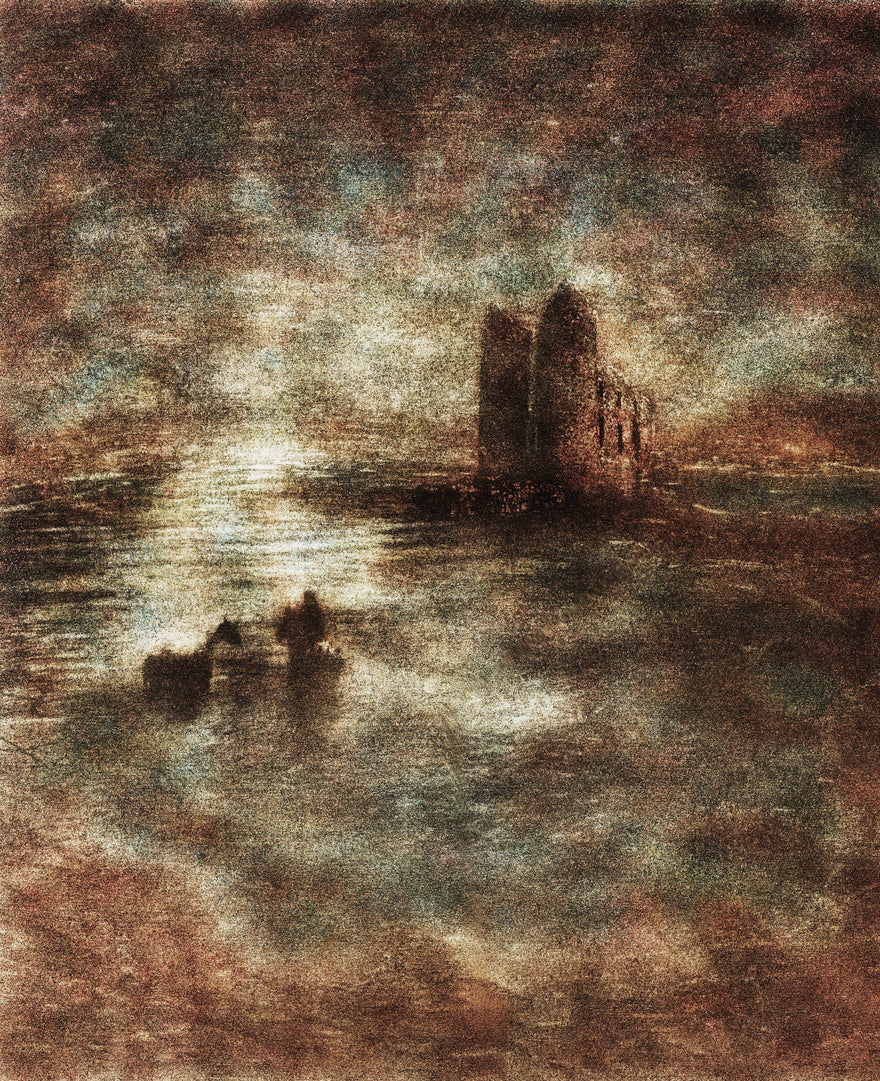 Bathing in the Light by Frantisek Strouhal: a ruined tower by water, small figures in a boat, rust tones, the whole oil print