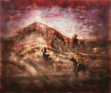 A Joyful Ride by Frantisek Strouhal: two riders on horseback crossing a hill under a deep red sky, the whole oil print