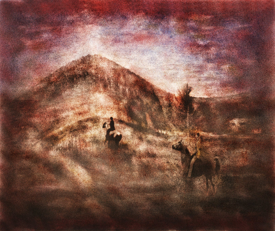 A Joyful Ride by Frantisek Strouhal: two riders on horseback crossing a hill under a deep red sky, the whole oil print