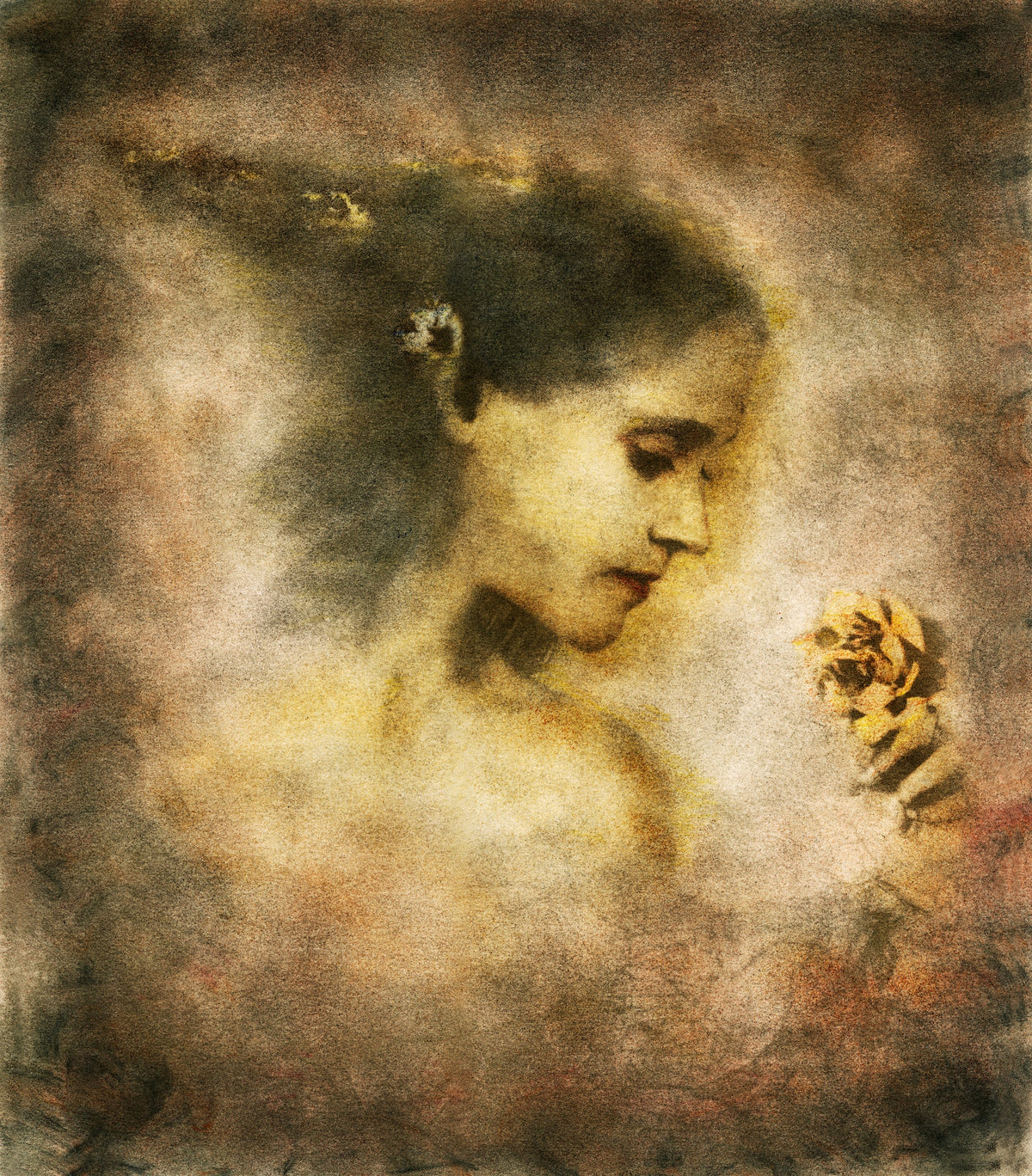 Love Prevails by Frantisek Strouhal: woman in profile holding a pale yellow flower, soft brown and rose haze, the whole oil print