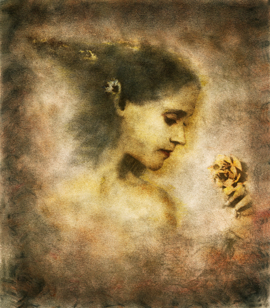 Love Prevails by Frantisek Strouhal: woman in profile holding a pale yellow flower, soft brown and rose haze, the whole oil print