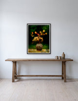 The Vase by Frantisek Strouhal: dried roses and pale ferns in a patterned clay vase against dark green, the 24 by 30 inch print in a black painted floater frame, hanging above a elm console in a calm room, shown at its true size