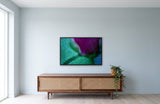 Tulip by Frantisek Strouhal: grainy abstract of magenta, teal and green fields with a soft shadow, the 33 by 22 inch print in a black painted floater frame, hanging above a walnut cabinet in a calm room, shown at its true size