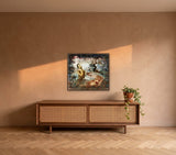 A Tale has been Born by Frantisek Strouhal: a figure beside a checkered path and bare tree, blue and red, the 30 by 24 inch print in a dark oak floater frame, hanging above a walnut cabinet in a calm room, shown at its true size