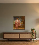 Reaching the Impossible by Frantisek Strouhal: a woman in a pink kimono raising one arm by a lake, the 24 by 30 inch print in a dark oak floater frame, hanging above a walnut cabinet in a calm room, shown at its true size
