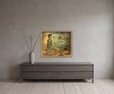 Angelic Daydream by Frantisek Strouhal: boy in a striped swimsuit at the water's edge, dragonfly at right, the 30 by 24 inch print in a pale oak floater frame, hanging above a smoked ash sideboard in a calm room, shown at its true size