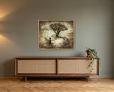 The Tree of Life by Frantisek Strouhal: figure with arms raised before a lone spreading tree, misty brown tones, the 30 by 24 inch print in a pale oak floater frame, hanging above a walnut cabinet in a calm room, shown at its true size
