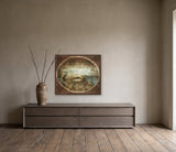 Rebirth by Frantisek Strouhal: a rounded form on a shore before a teal sea, oval vignette, the 30 by 24 inch print in a dark oak floater frame, hanging above a smoked ash sideboard in a calm room, shown at its true size