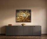 Inherent Grace by Frantisek Strouhal: figure in a pale dress, arms raised, ringed by blurred rust and ochre forms, the 30 by 24 inch print in a dark oak floater frame, hanging above a charcoal grey cabinet in a calm room, shown at its true size