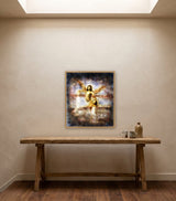 The River Within by Frantisek Strouhal: a winged figure above a child with raised arms in blue and red light, the 24 by 30 inch print in a pale oak floater frame, hanging above a elm console in a calm room, shown at its true size