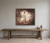Soul Journey by Frantisek Strouhal: woman in a pale slip striding forward, misty light, deep red surround, the 30 by 24 inch print in a dark oak floater frame, hanging above a elm console in a calm room, shown at its true size