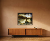 Blissful rêverie by Frantisek Strouhal: seated figure from behind at a lake, hills, a bird overhead, the 30 by 24 inch print in a dark oak floater frame, hanging above a teak credenza in a calm room, shown at its true size