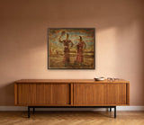 Dance in Reverence by Frantisek Strouhal: two dancers in fringed regalia, tipis on the plain behind, the 30 by 24 inch print in a dark oak floater frame, hanging above a teak credenza in a calm room, shown at its true size