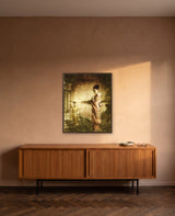 Silence Within by Frantisek Strouhal: two women in kimono by a lake, one in coral and one in yellow, the 24 by 30 inch print in a dark oak floater frame, hanging above a teak credenza in a calm room, shown at its true size